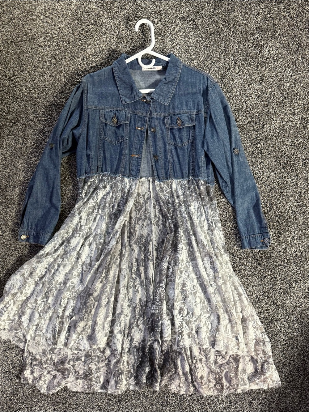 Women’s Origami brand Denim Top with Lace Skirt Dress - Blue and White